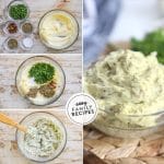 4 image collage of butter with herbs and garlic being mixed together for recipe.