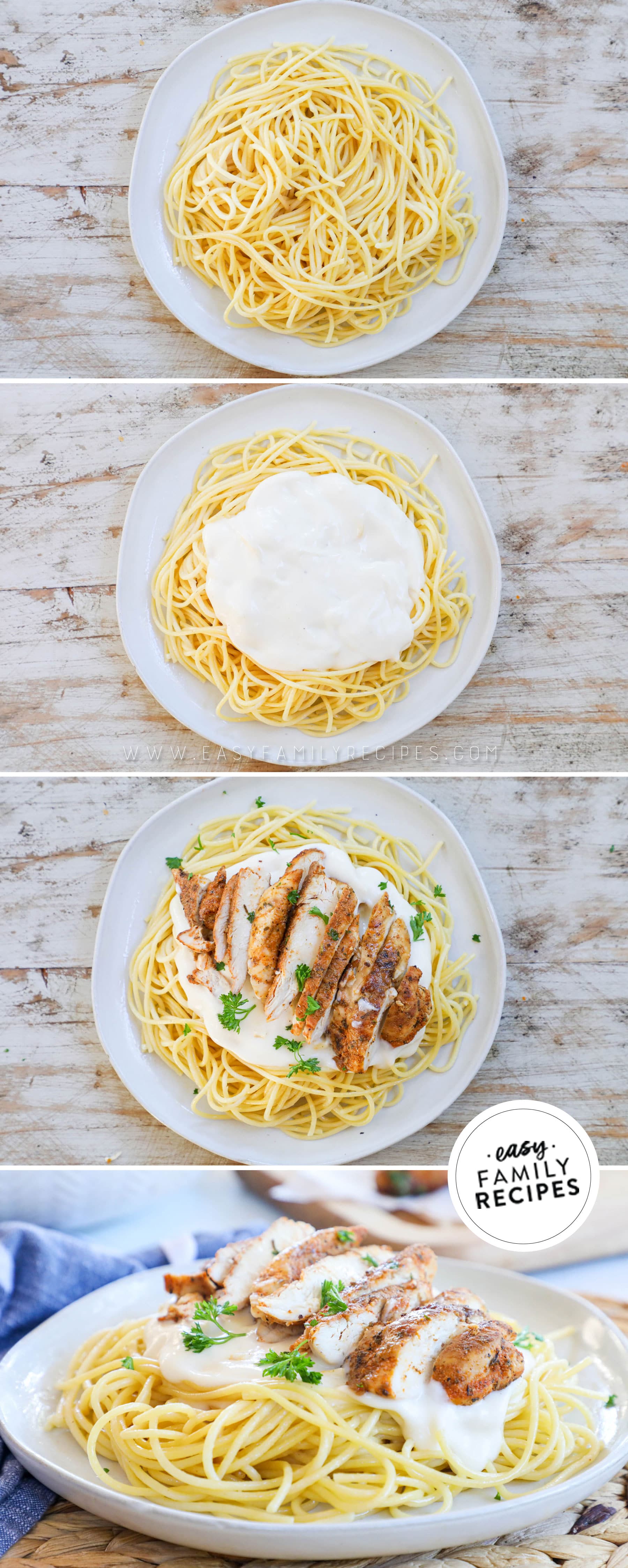 How to cook blackened chicken alfredo 1)add pasta to plate 2)ladle over alfredo sauce 3)slice blackened chicken on top 4)serve