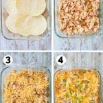 Process photos for how to make chicken enchilada casserole: 1. Place tortillas on bottom of casserole dish. 2. Chicken mixed with enchilada sauce is layered on top. 3. Cheese is added and layers are repeated. 4. Bake and garnish with green onions.