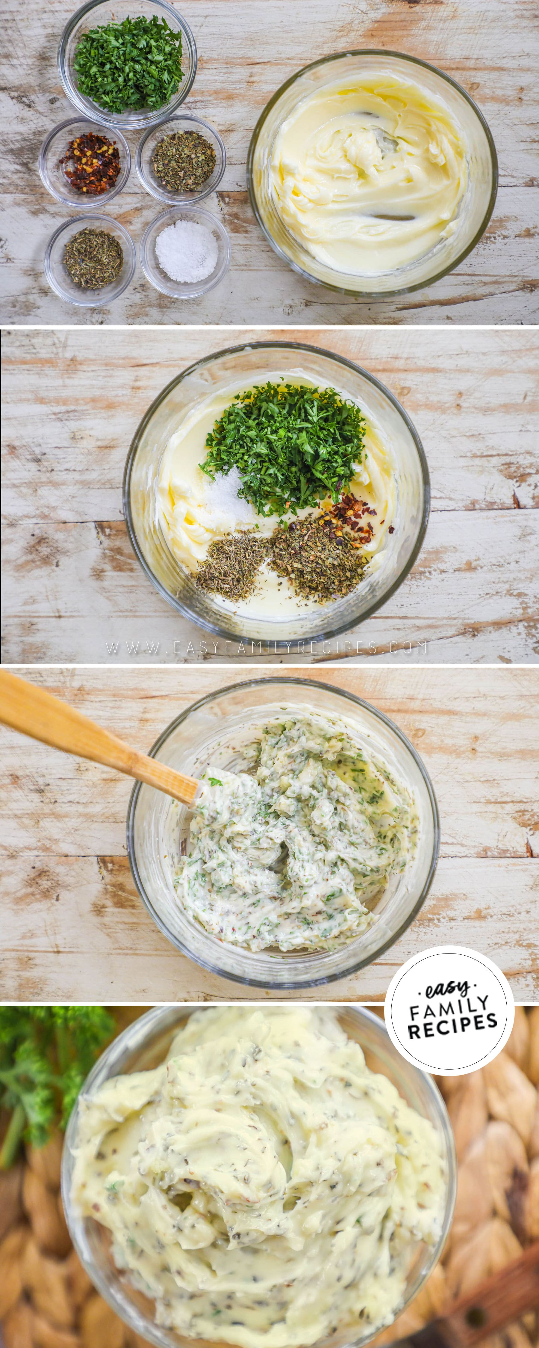 4 image collage of preparing garlic herb butter in a bowl.