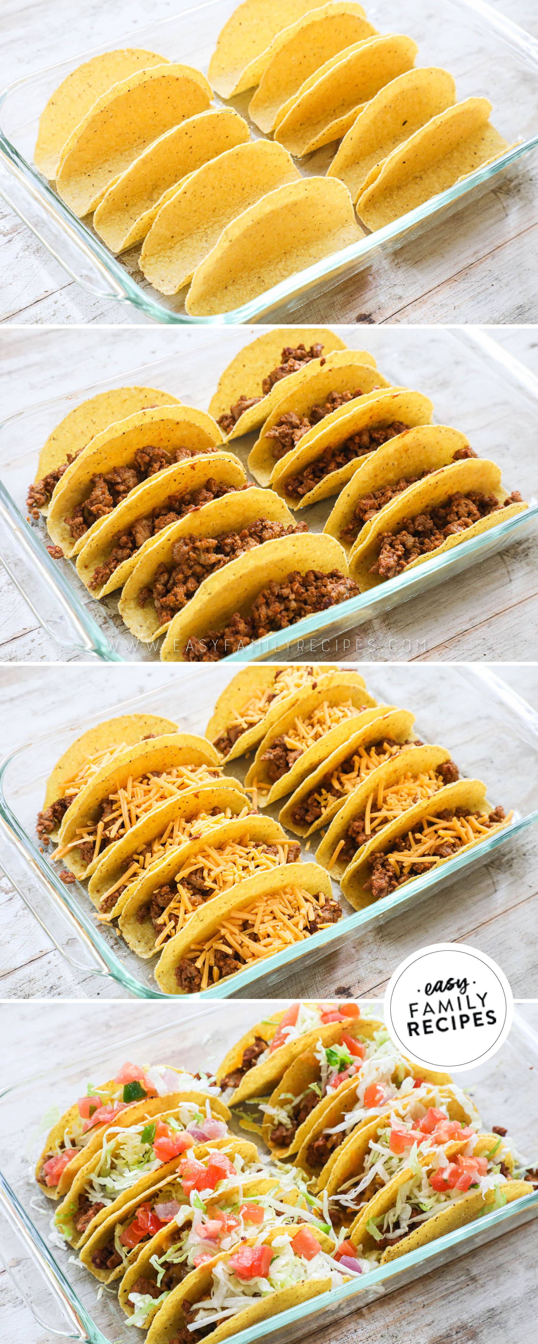 Step by step photo for making baked crispy ground beef tacos.  1. lay out shells in the pan 2. fill with cooked ground beef filling 3. top with cheese and bake 4. top with toppings like shredded lettuce and pico de gallo.