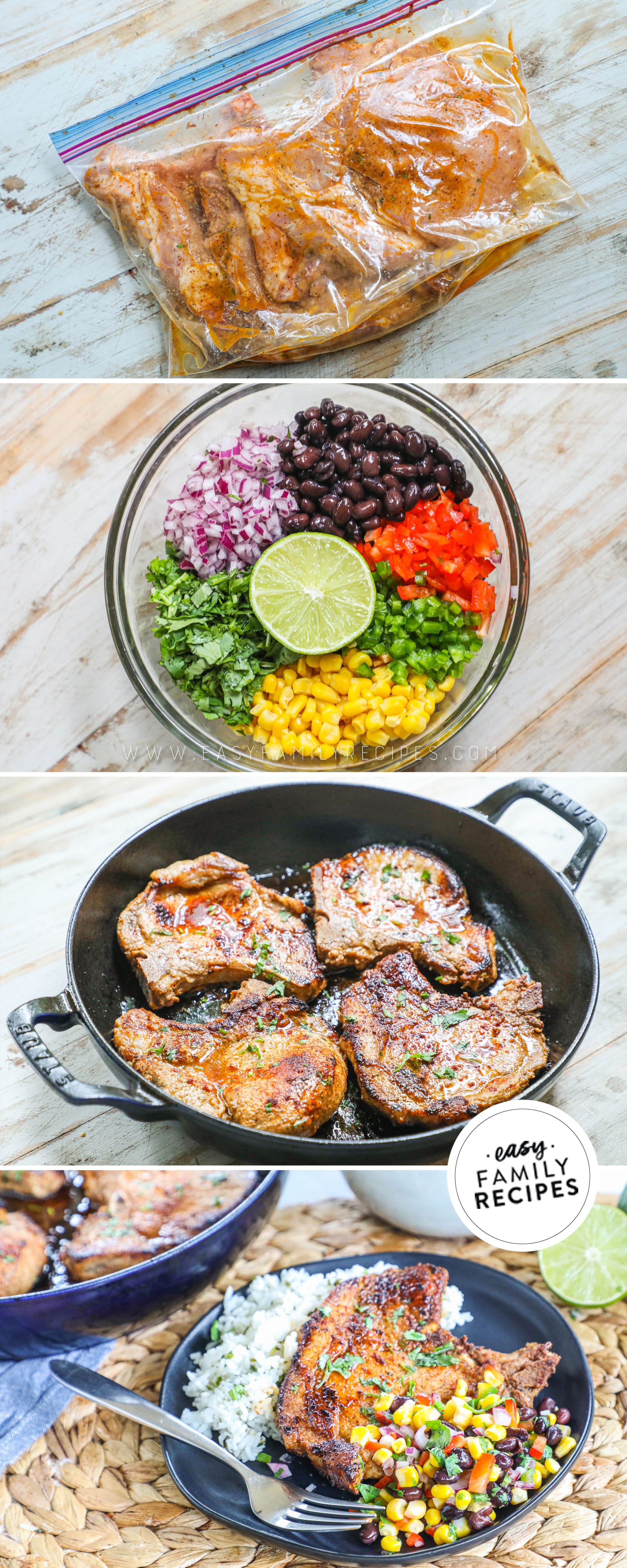4 image collage on how to marinate pork chops in a bag, an image of salsa ingredients, the pork chops being pan seared in a skillet, and the recipe on a serving plate