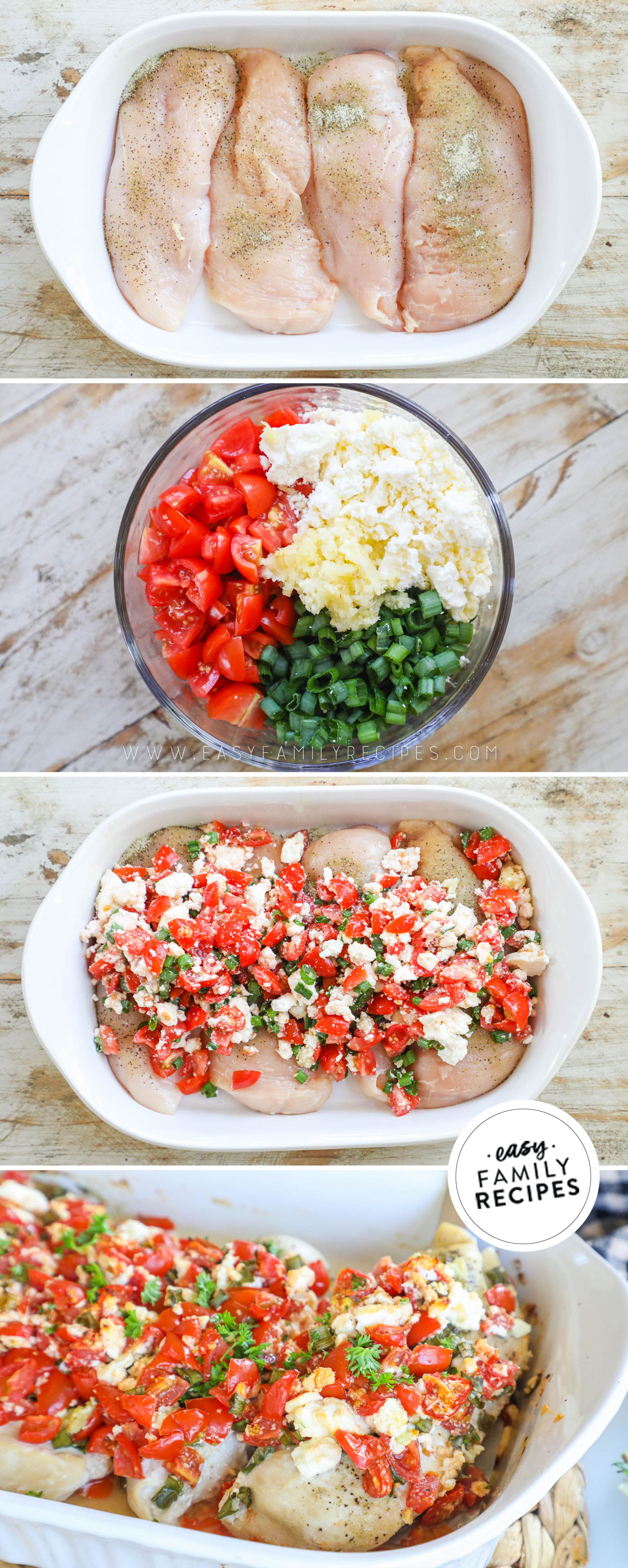 Step by step image of how to make feta tomato chicken. 1) lay chicken breast flat in pan 2) mix tomato, feta, green onion, garlic, and seasoning together in a bowl 3) spoon mixture over chicken breast 4) bake and enjoy!
