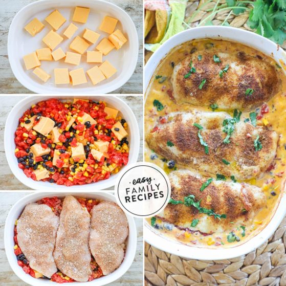 How to make queso chicken 1)assemble Velveeta in a pan 2)add tomatoes, corn, and black beans 3)top with seasoned chicken breasts 4)bake until cooked through and gooey