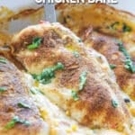 Seasoned chicken with queso baked and ready to eat.