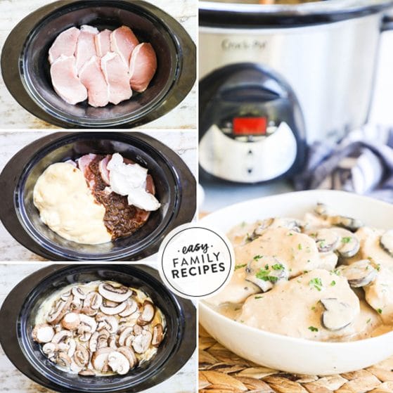 How to cook easy slow cooker smothered pork chops 1)add in pork chops 2)add in condensed soups and sour cream 3)lay mushrooms on top 4)Cook then serve with gravy