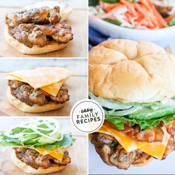 4 image collage on how to assemble chicken sandwich recipe.