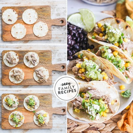 4 image collage on how to assemble carnitas tacos.