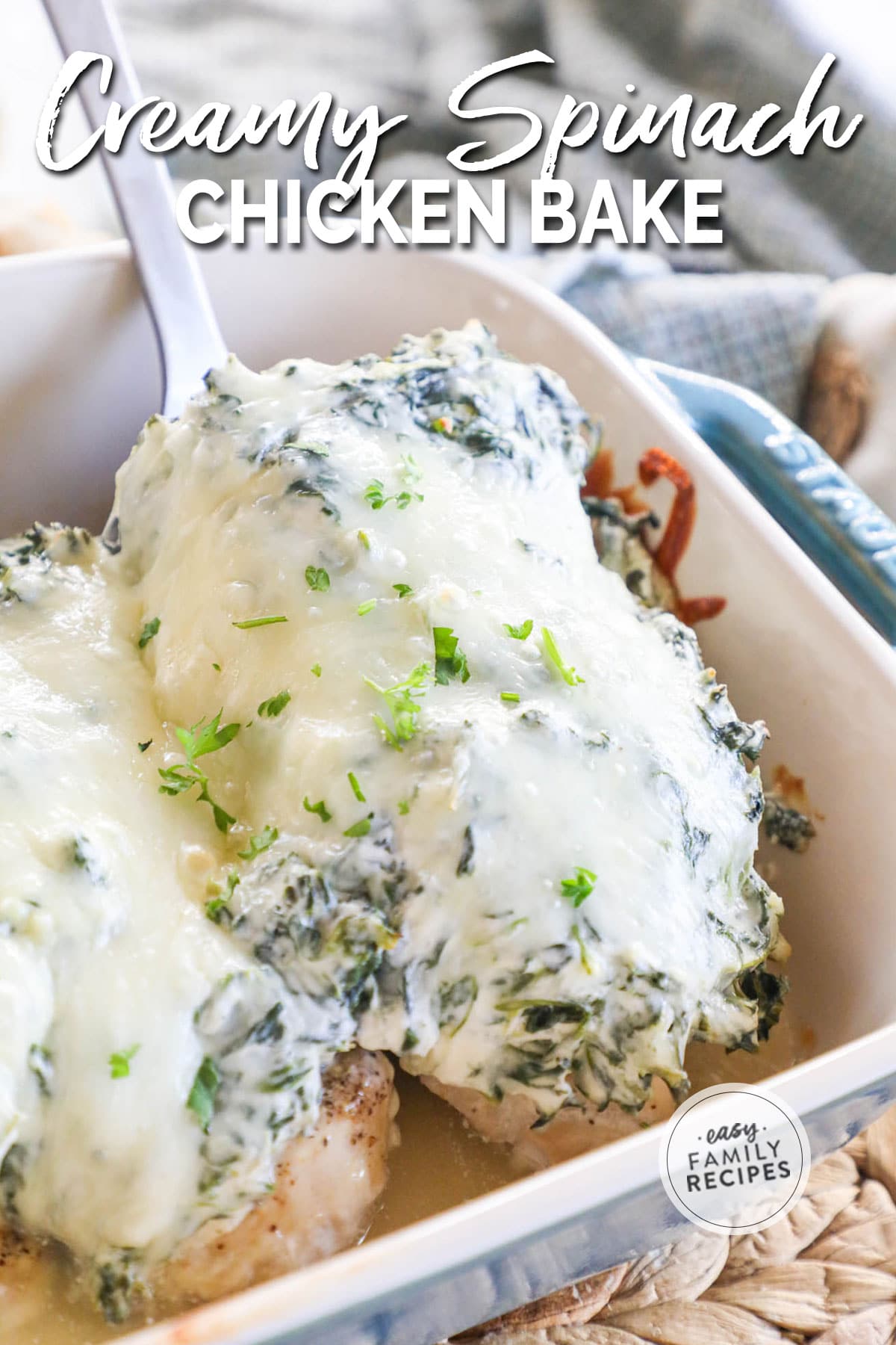 Creamy, cheesy chicken and spinach baked in a casserole dish
