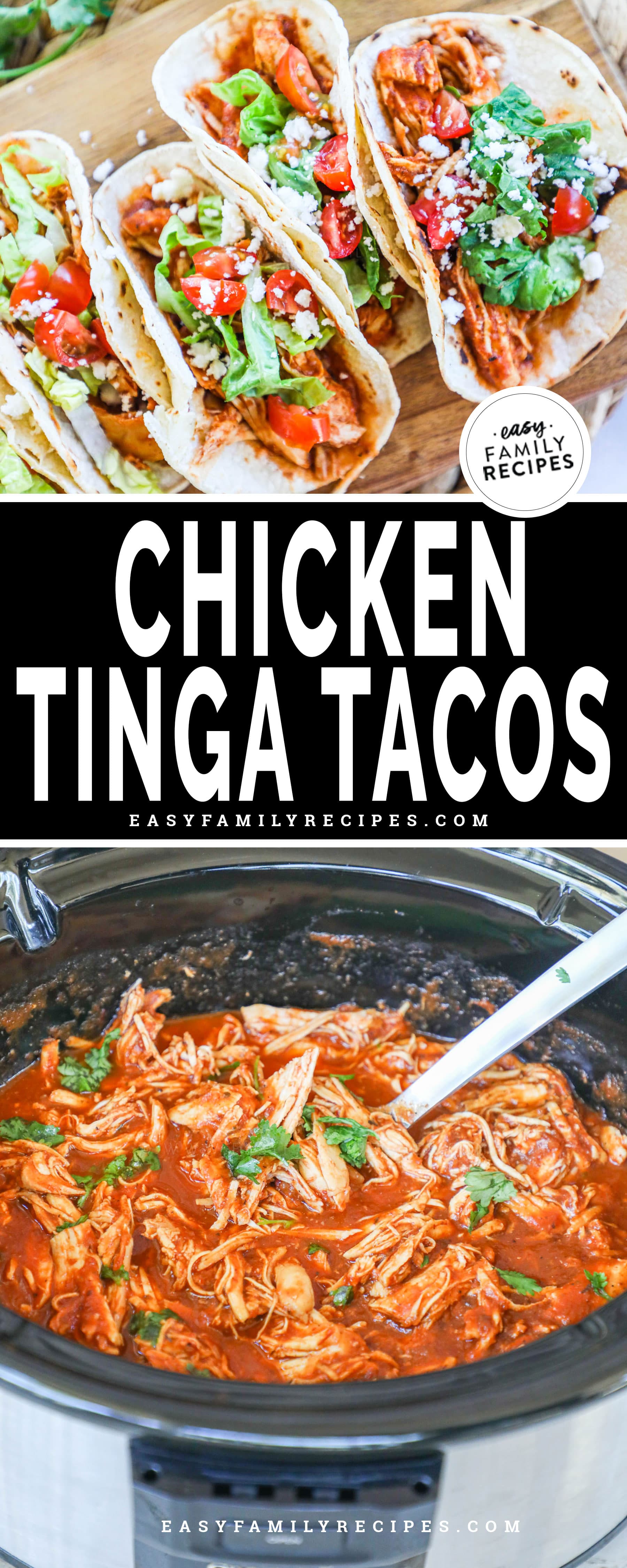 Chicken tinga tacos assembled on a cutting board with toppings and shredded chicken in a crockpot with a serving spoon.