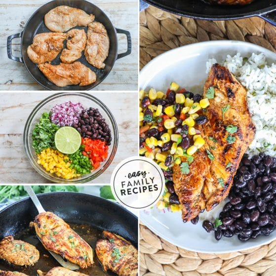Steps to make chicken with corn salsa step 1 make the salsa step 2 add the marinated chicken to a hot skillet step 3 flip chicken step 4 enjoy with salsa, beans, and rice.