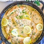 Lemon Chicken Piccata in a pan on dinner table.