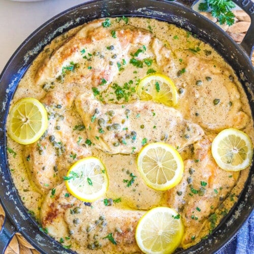 Creamy Chicken Piccata garnished with Lemon and parsley.