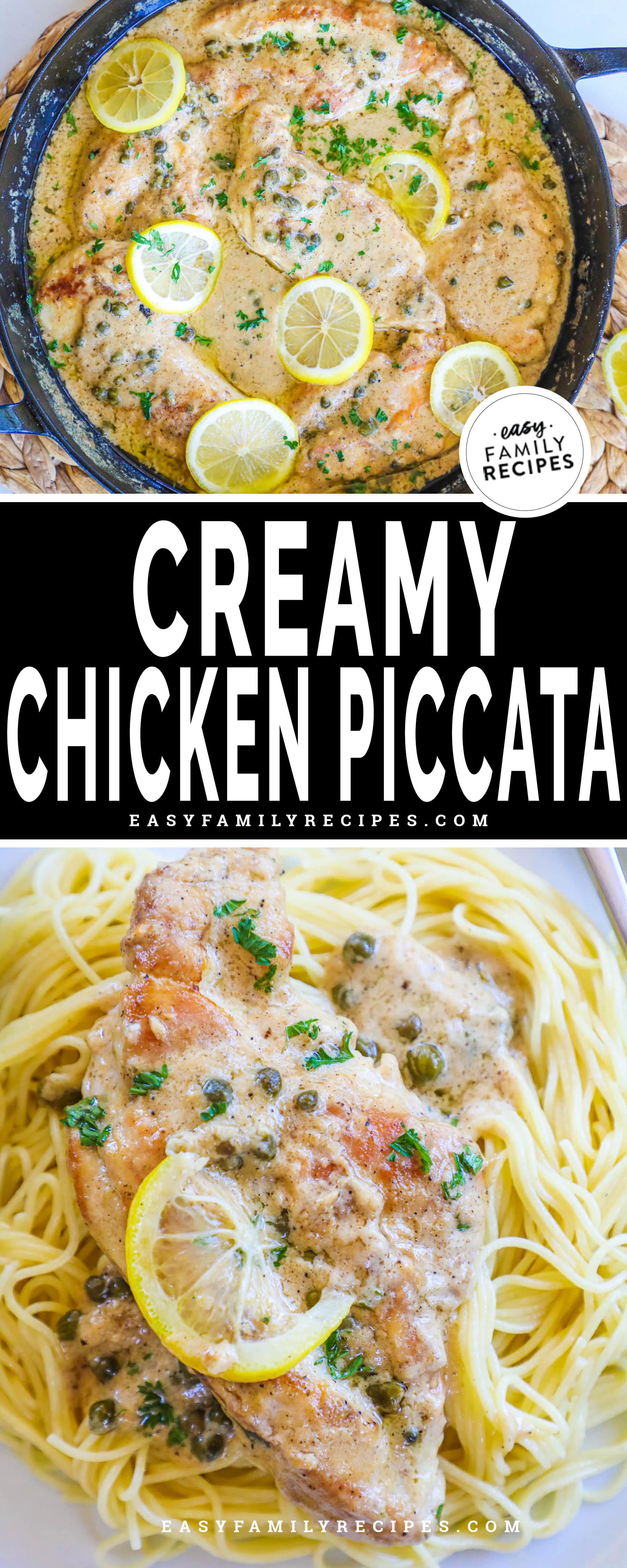 a pan of creamy lemon chicken piccata served over pasta