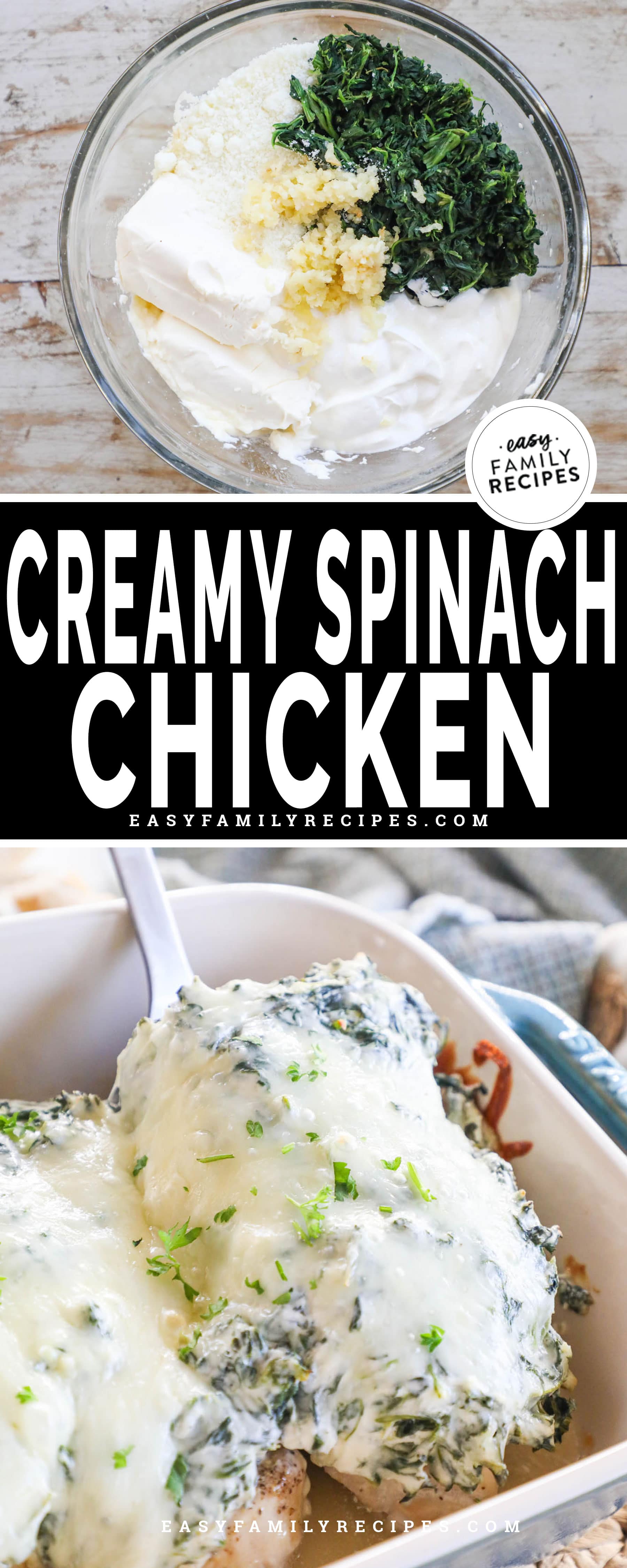 A mixture of cream cheese, sour cream, spinach, and garlic baked on top of chicken breasts
