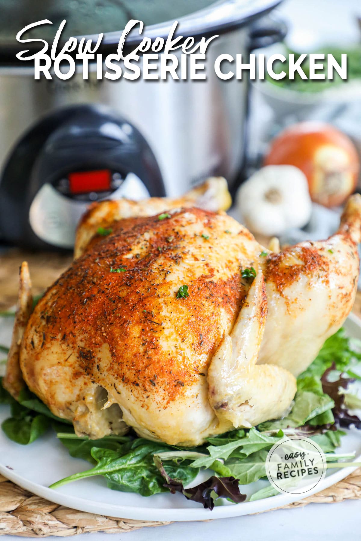 A whole cooked Crock Pot Rotisserie Chicken