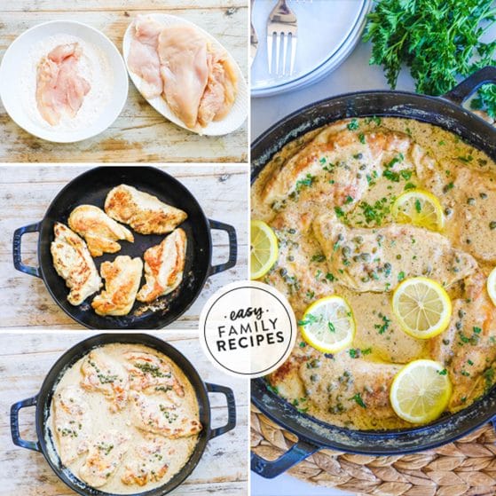 How to make creamy chicken piccata 1)dredge the chicken in seasoned flour 2)brown in a skillet 3)make creamy lemon sauce 4)finish cooking chicken and serve