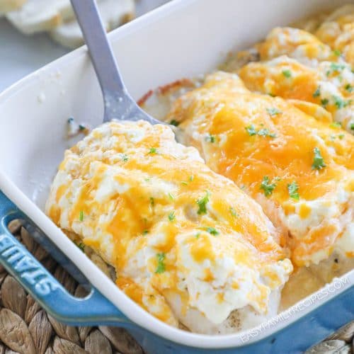 Creamy, cheesy garlic cheddar chicken baked in a casserole dish