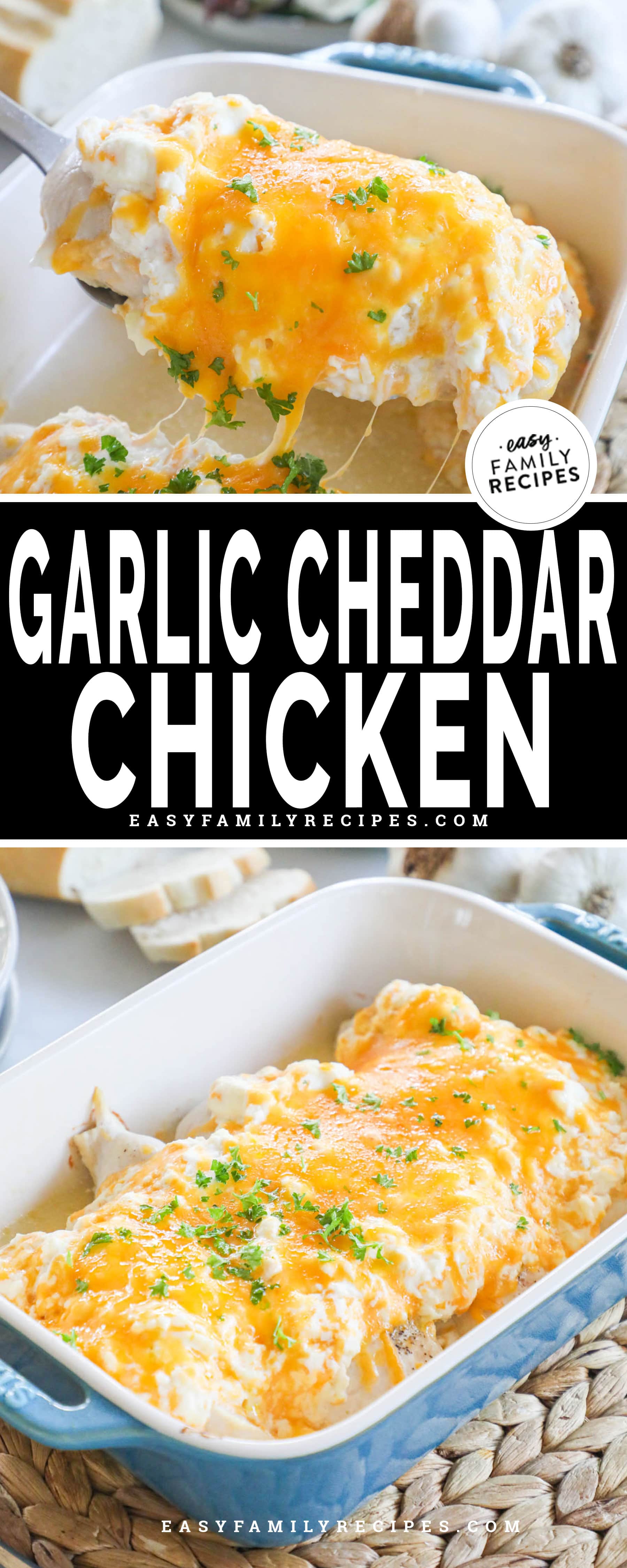 baked chicken breasts with a garlic cheddar topping in a casserole dish
