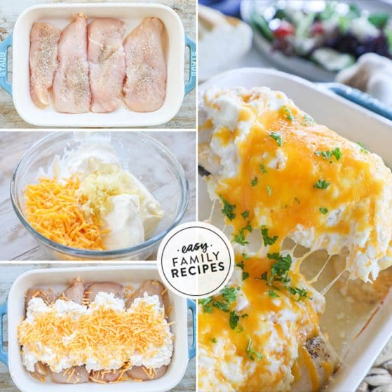 How to cook garlic cheddar chicken 1)season and arrange chicken in a pan 2)mix creamy cheddar garlic topping 3)spread over chicken 4)bake and serve