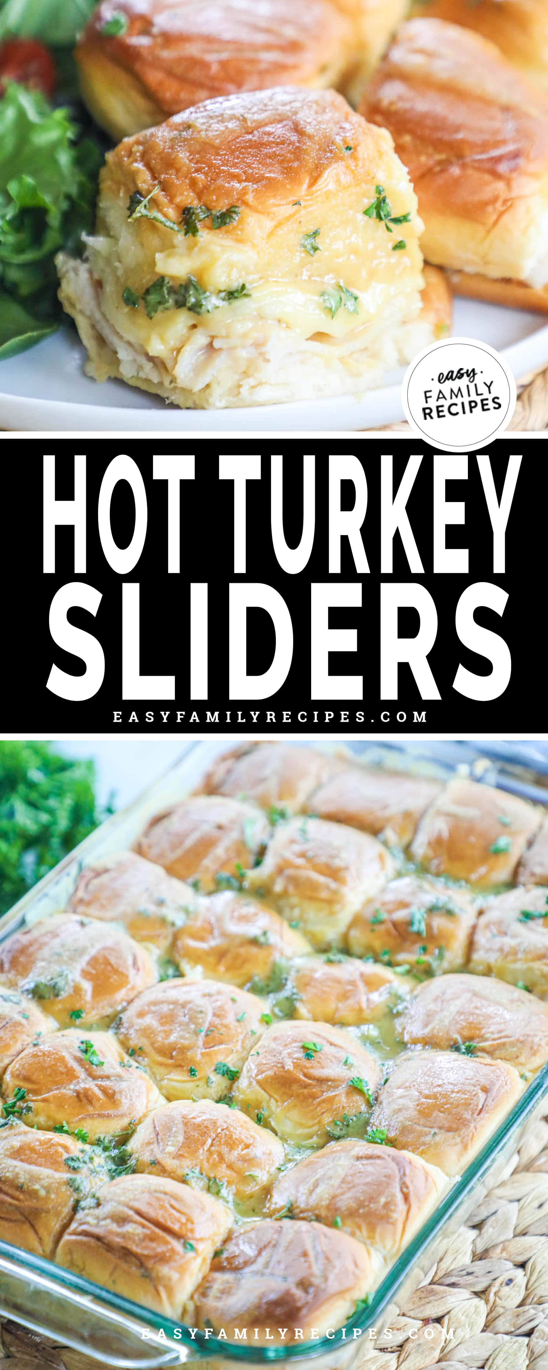 Collage image with a close up of turkey and cheese sliders on the top and a pan of sliders on the bottom.