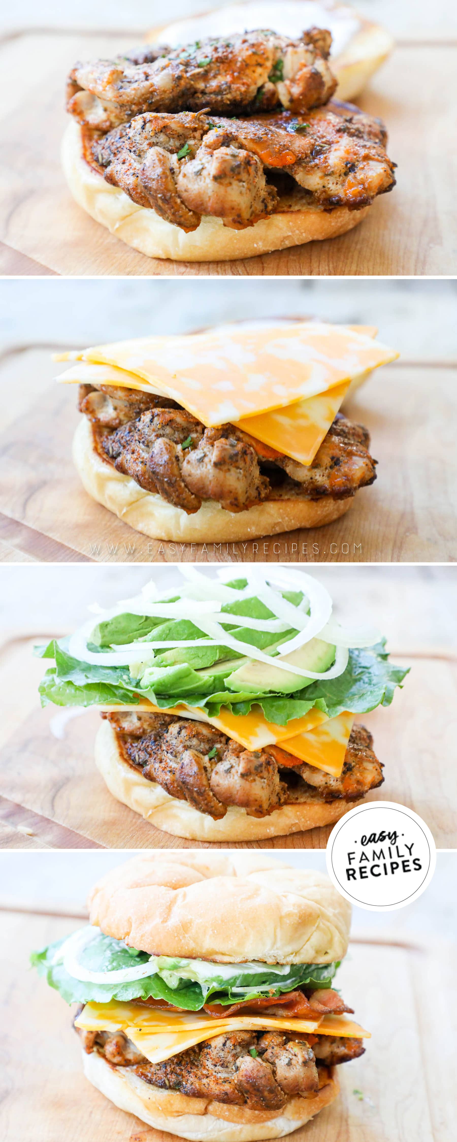 4 image collage on how to assemble chicken sandwich recipe.