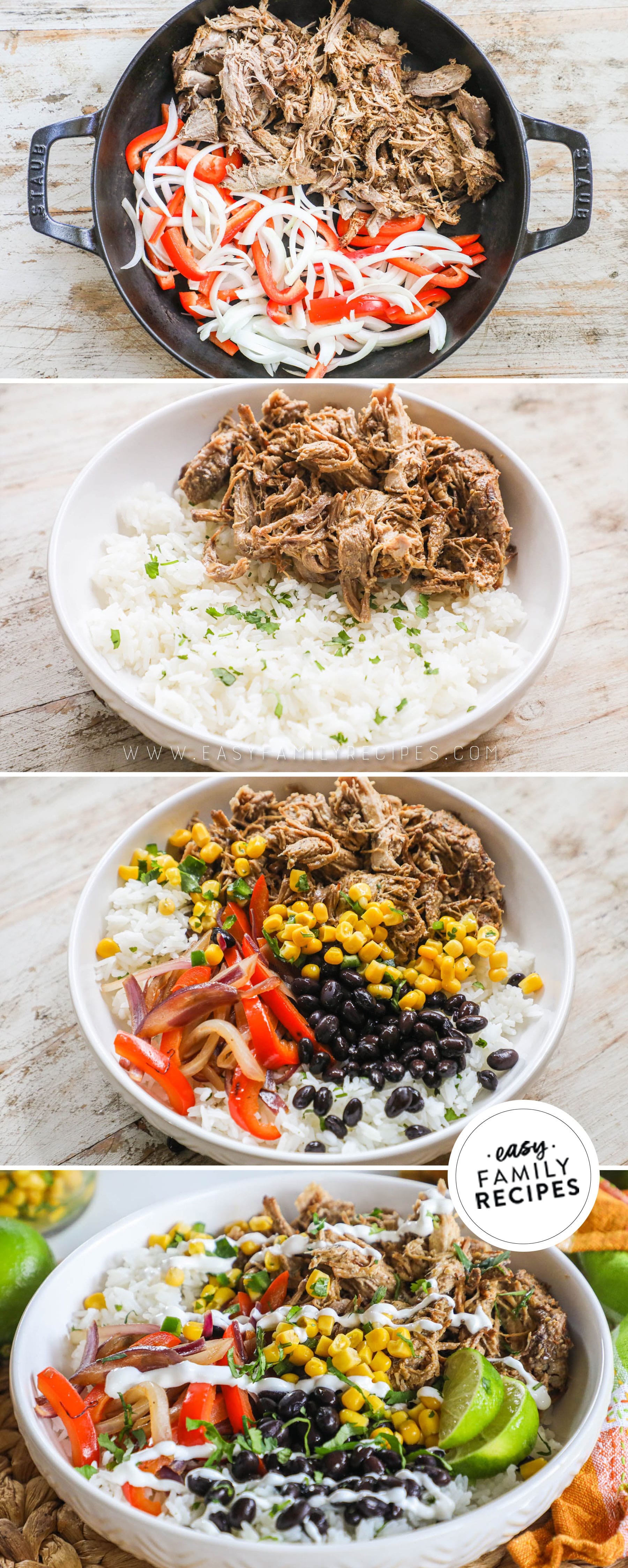 Steps to make pork carnitas bowl step 1 heat the meat, peppers, and onions, step 2 add meat to rice step 3 add toppings step 4 enjoy!