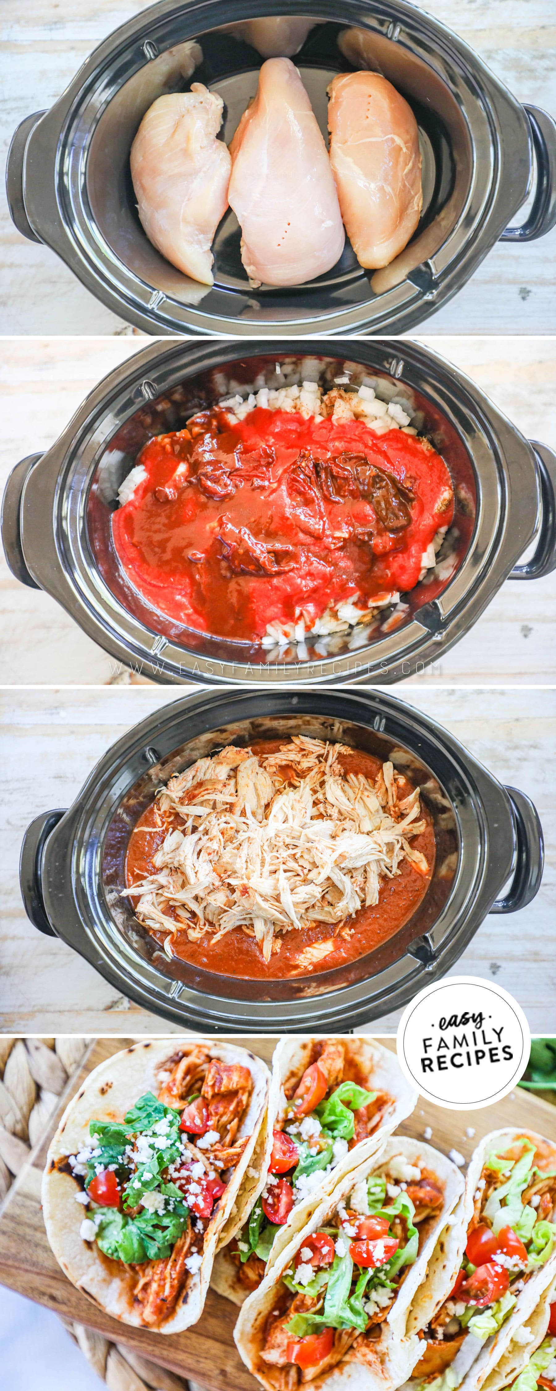 4 image collage showing chicken breast on bottom of slow cooker, then topped with remaining ingredients, then showing the chicken shredded in sauce after cooked, and then chicken tinga tacos assemble in corn tortillas.