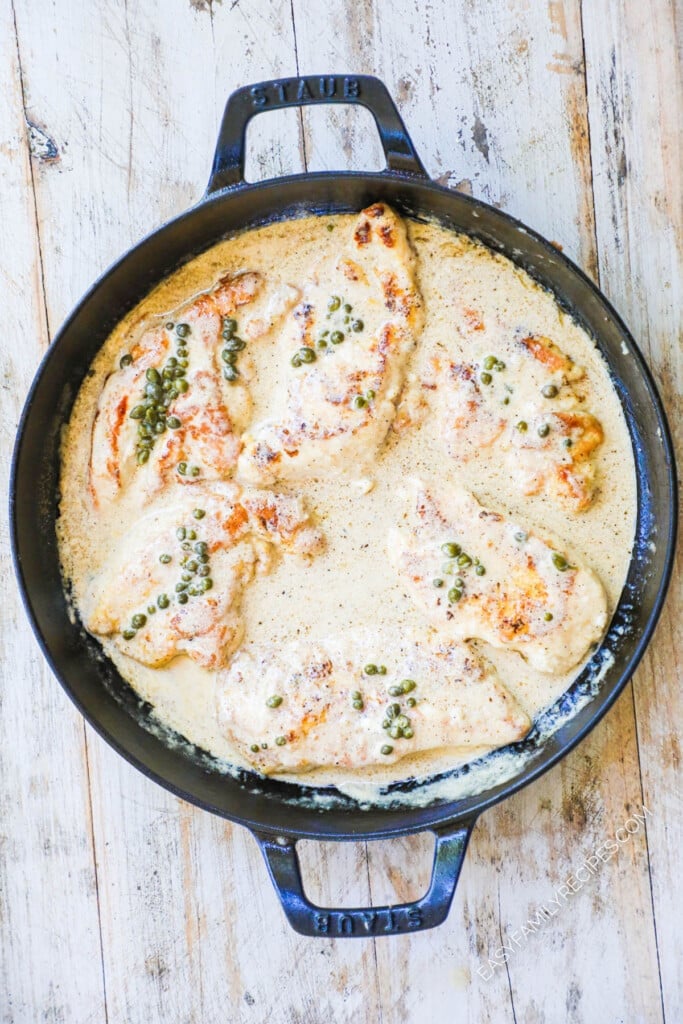 How to make Creamy Chicken Piccata step 3: Add the chicken breast back into the lemon cream sauce with capers