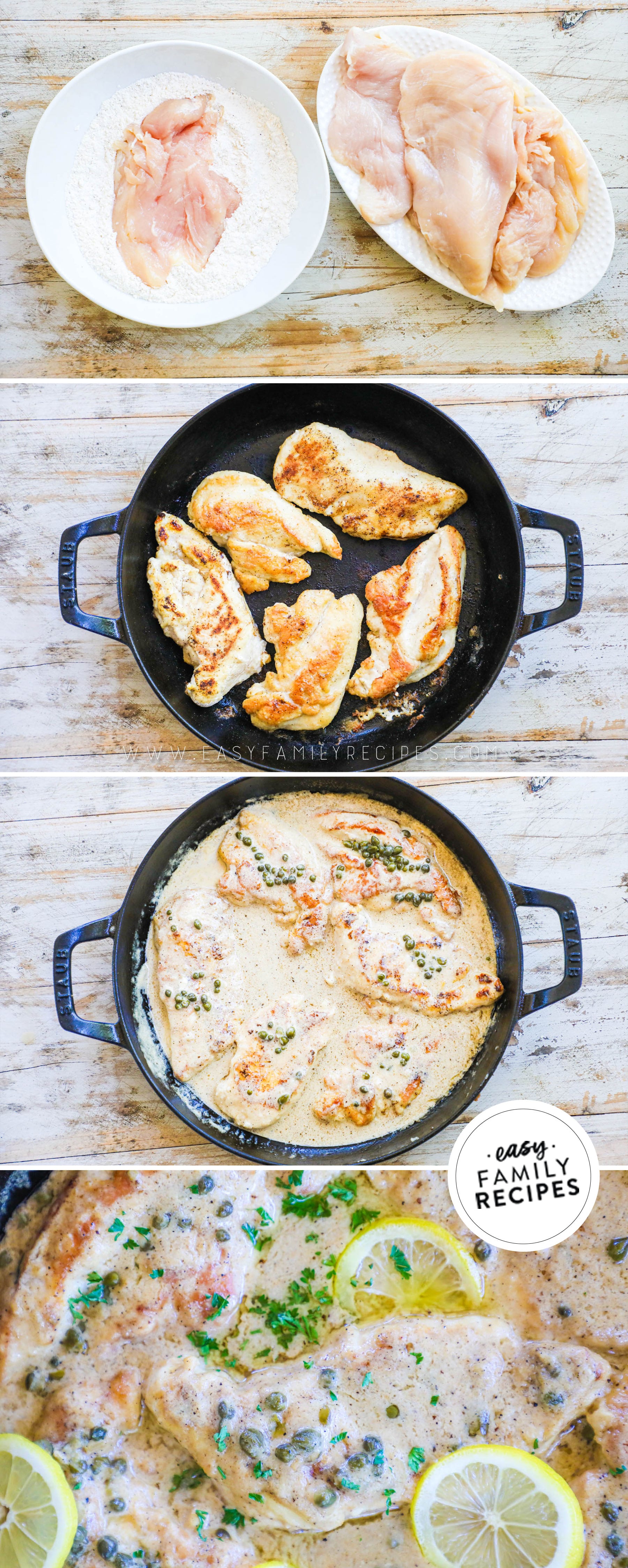 How to cook chicken piccata 1)coat chicken in seasoned flour 2)brown in a large skillet 3)Cook chicken in a creamy lemon caper sauce 4)serve