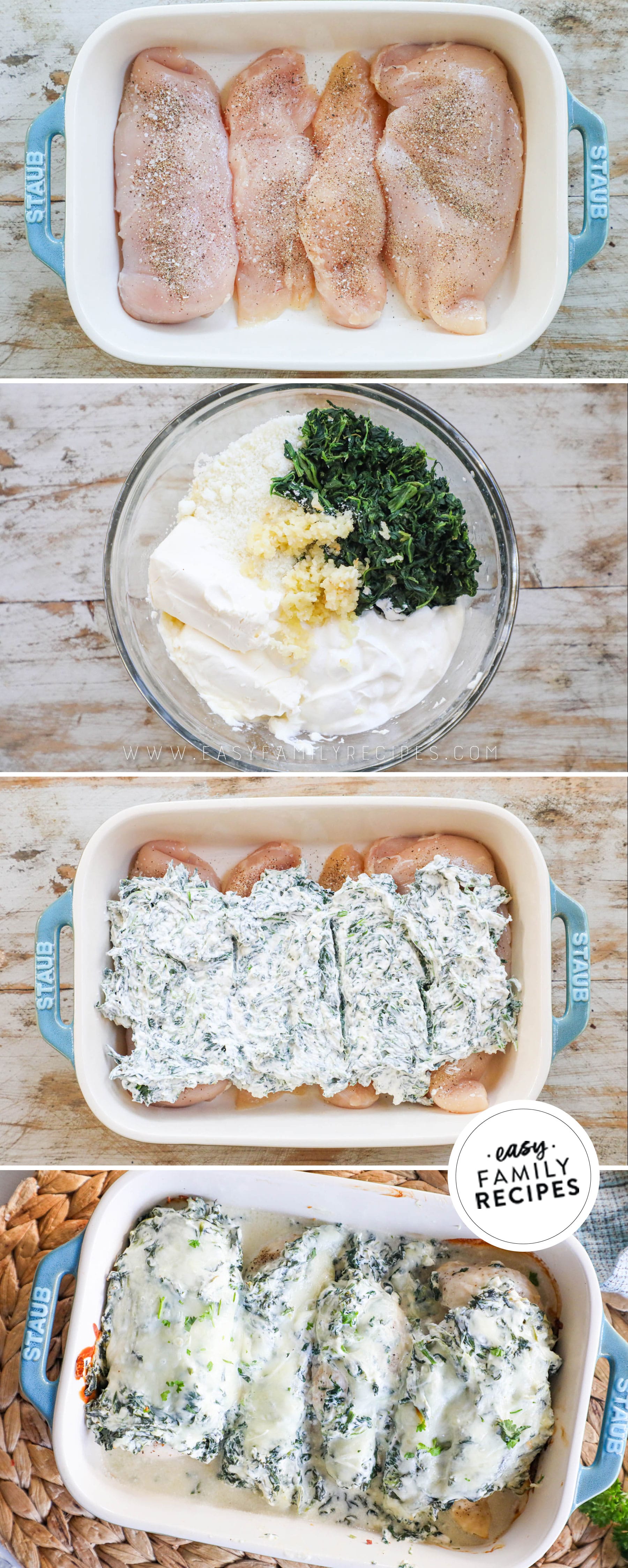How to make creamy spinach chicken bake 1)season chicken 2)combine cheeses, sour cream, and spinach 3)spread over chicken 4)top with mozzarella and bake