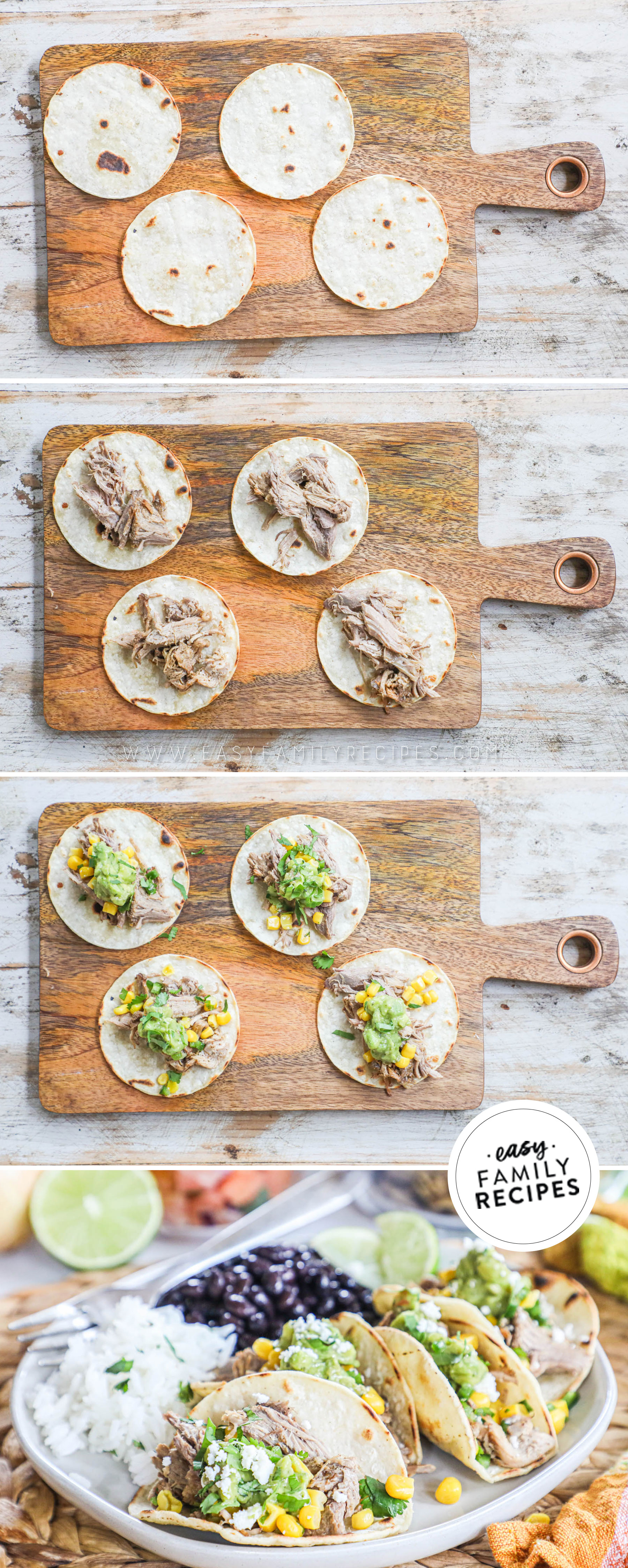 4 image collage on how to assemble pork carnitas street tacos.