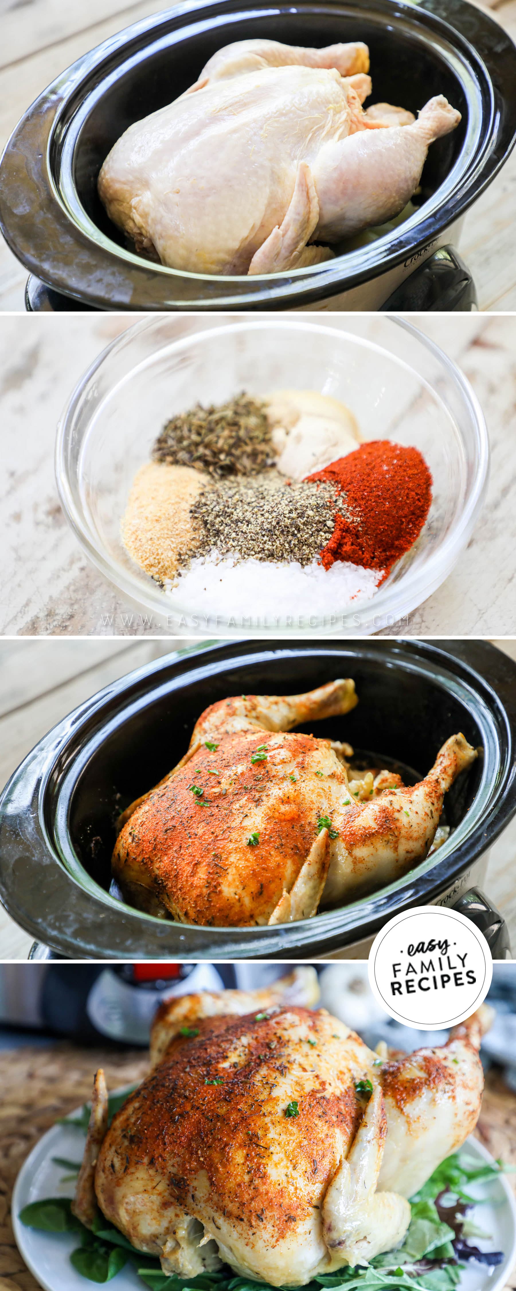 How to make Crock Pot rotisserie chicken 1)buy a chicken that fits 2)assemble spice blend 3)rub chicken 4)cook and serve