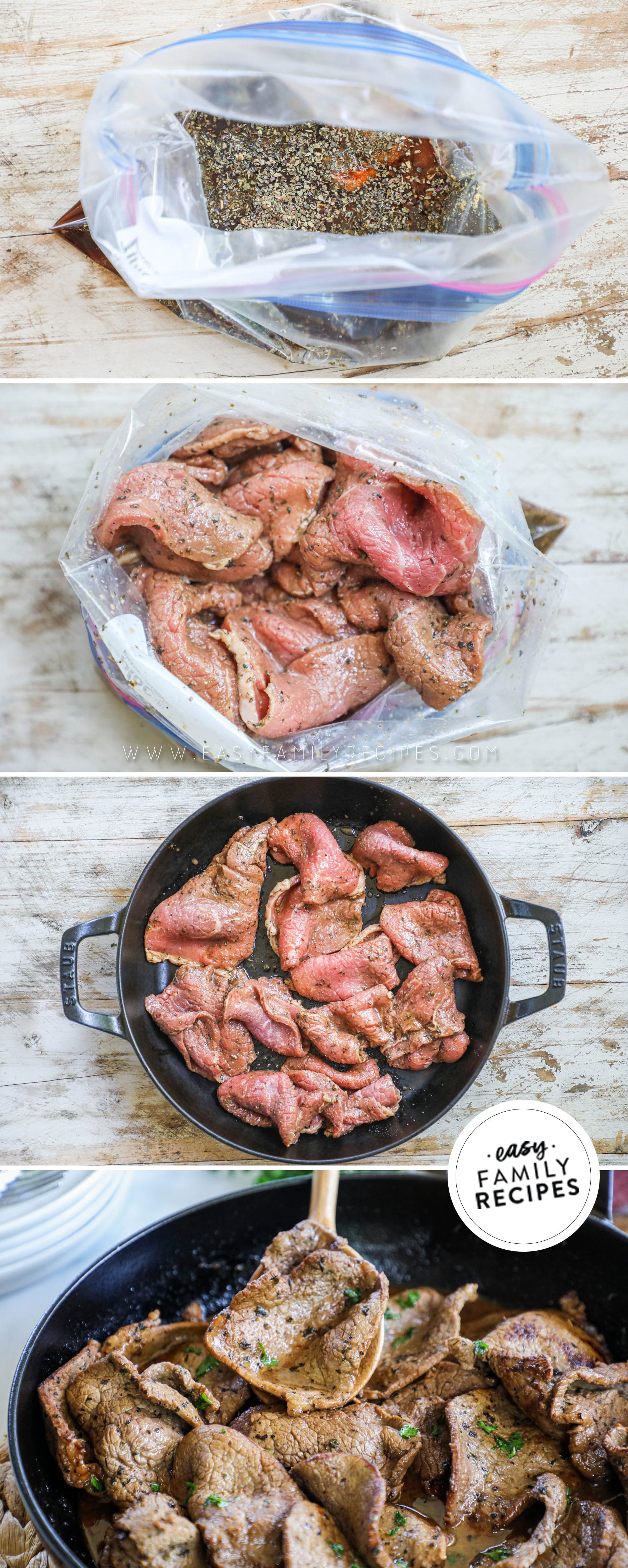 How to cook sizzling steak 1)add marinade to bag 2)add beef 3)cook in a hot pan 4)serve