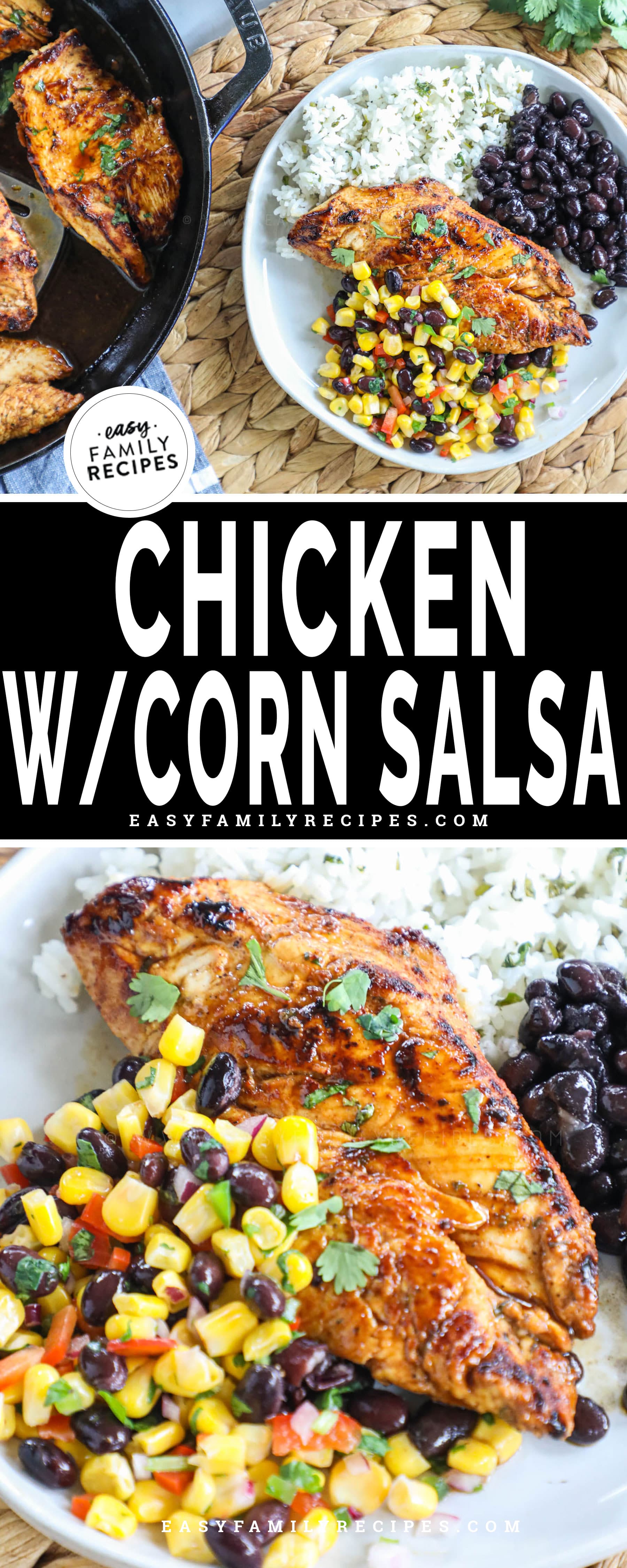 Image collage with pan seared chicken and corn salsa on a plate with chicken in a skillet next to it.