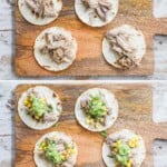 Photo collage of how to make carnitas street tacos.