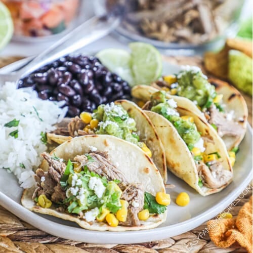 Carnitas Street Tacos served with rice and black beans and garnished with cilantro.