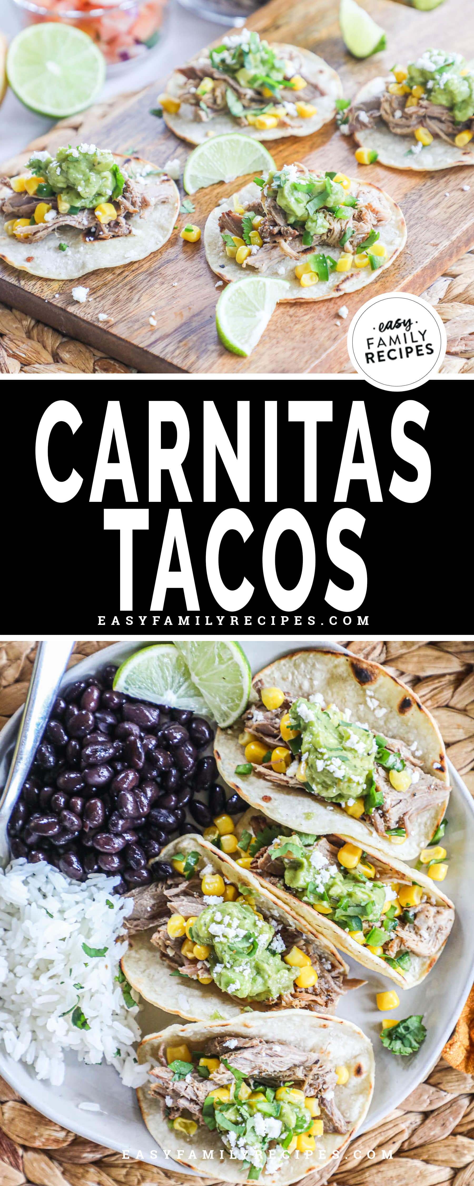 Carnitas tacos built on a corn tortilla shell with a side of black beans and rice.