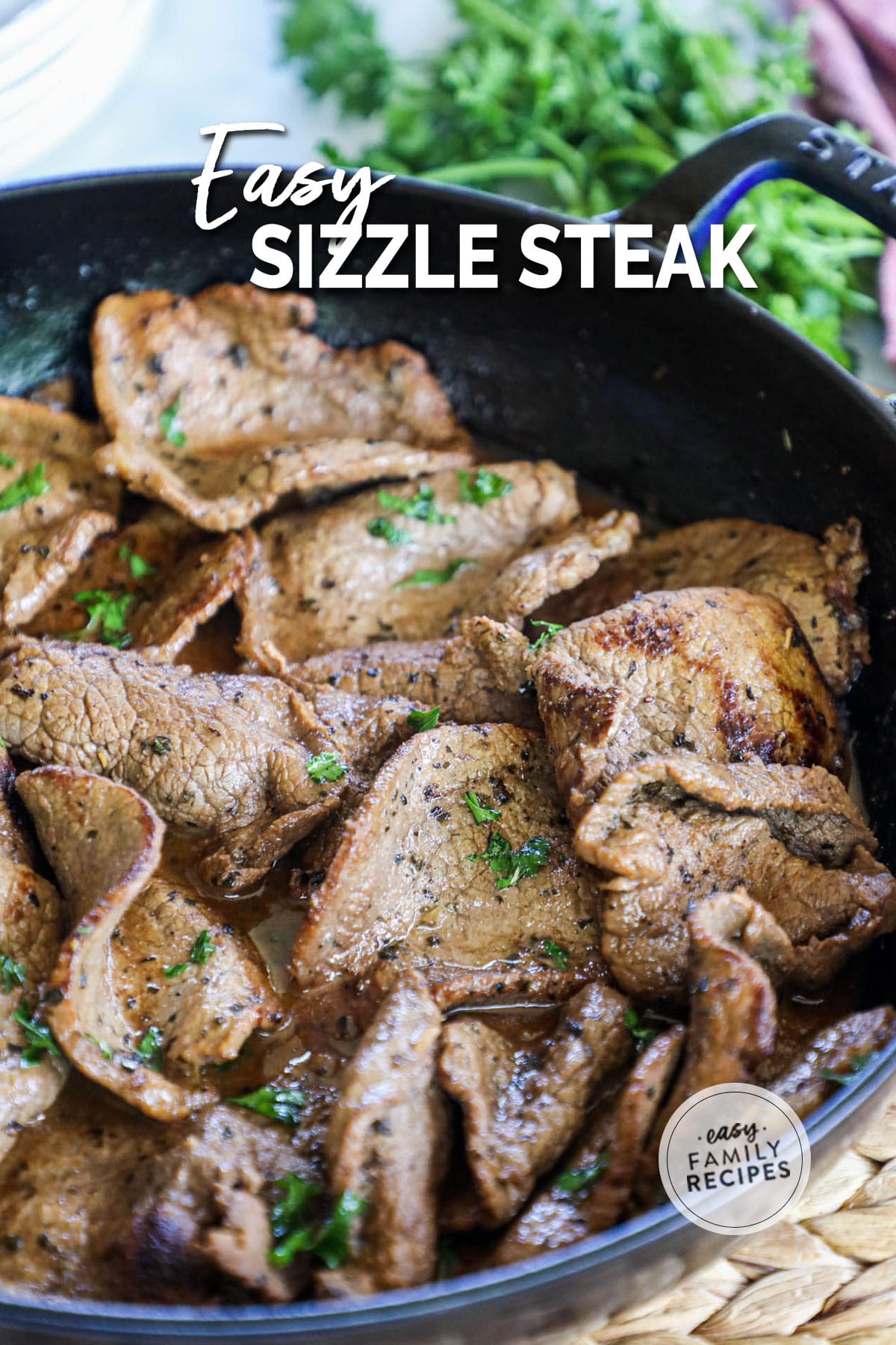 A pan of marinated, caramelized thinly sliced beef