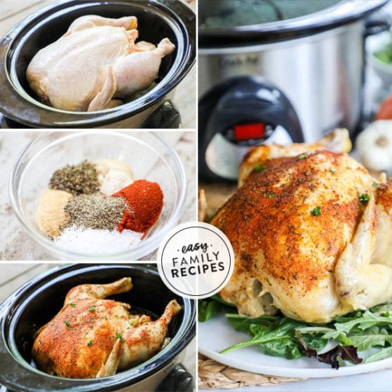 How to cook slow cooker rotisserie chicken 1)place chicken in crock pot 2)rub with spices 3)cook 4)Serve