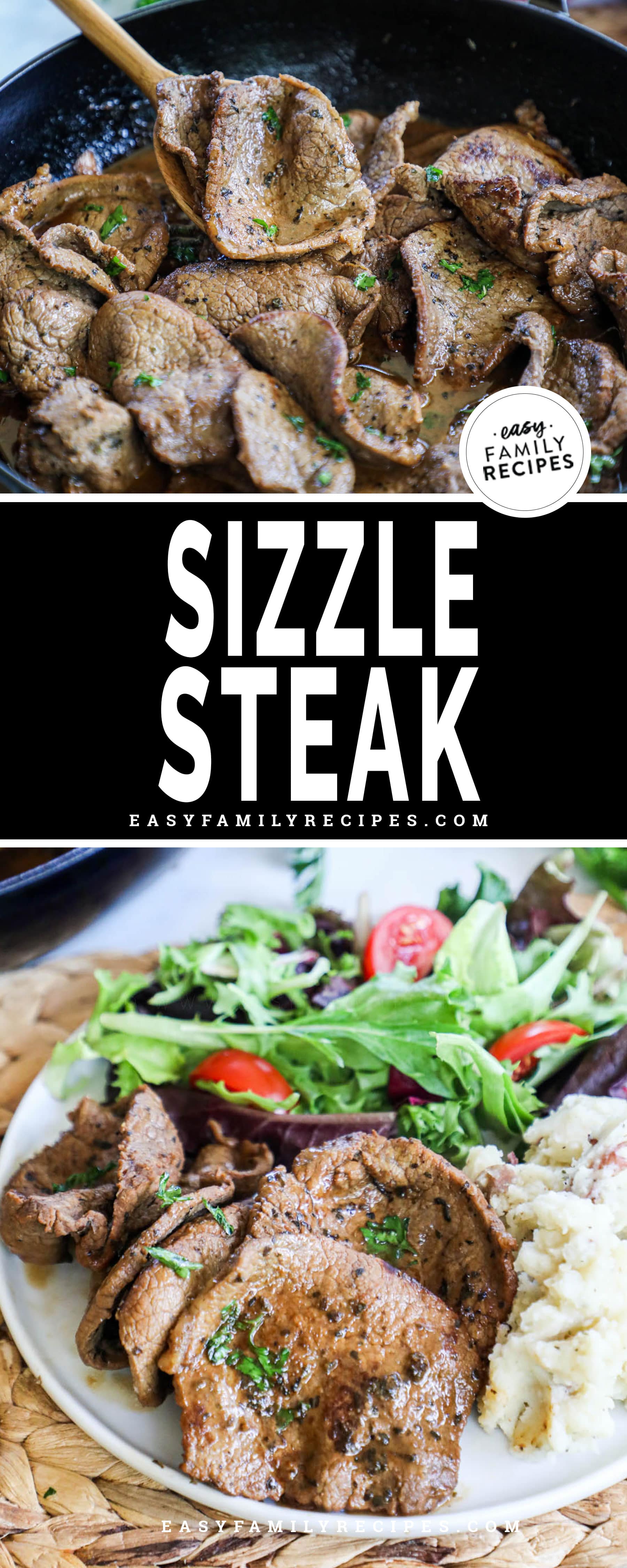 sizzle steak cooked in a large pan and served with potatoes and salad