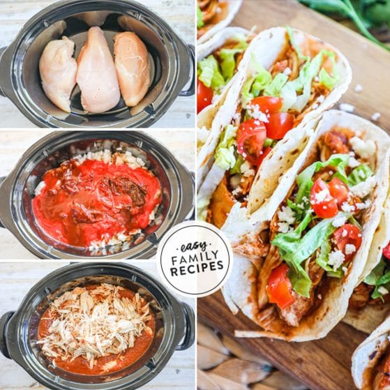 4 image collage on cooking chicken tinga tacos in slow cooker and then assemble in taco shells after cooked.