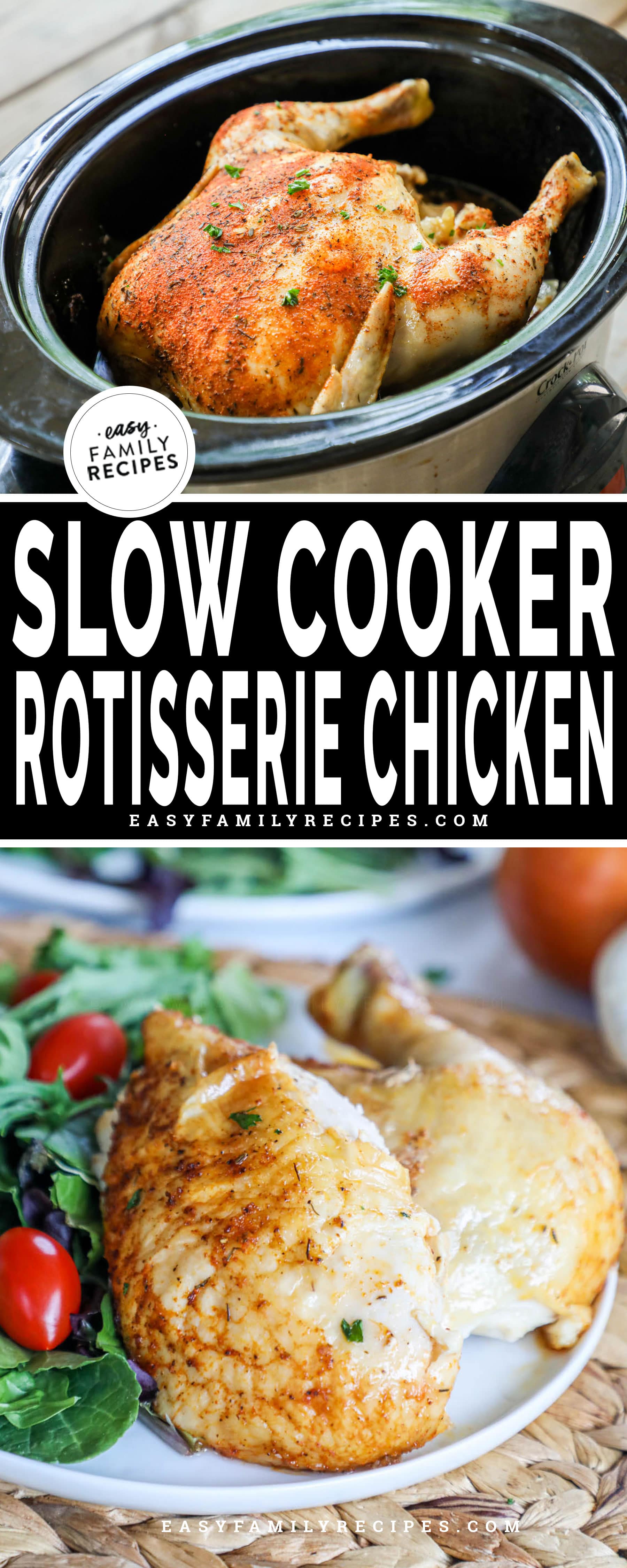 A slow cooker rotisserie chicken cooked and served with salad