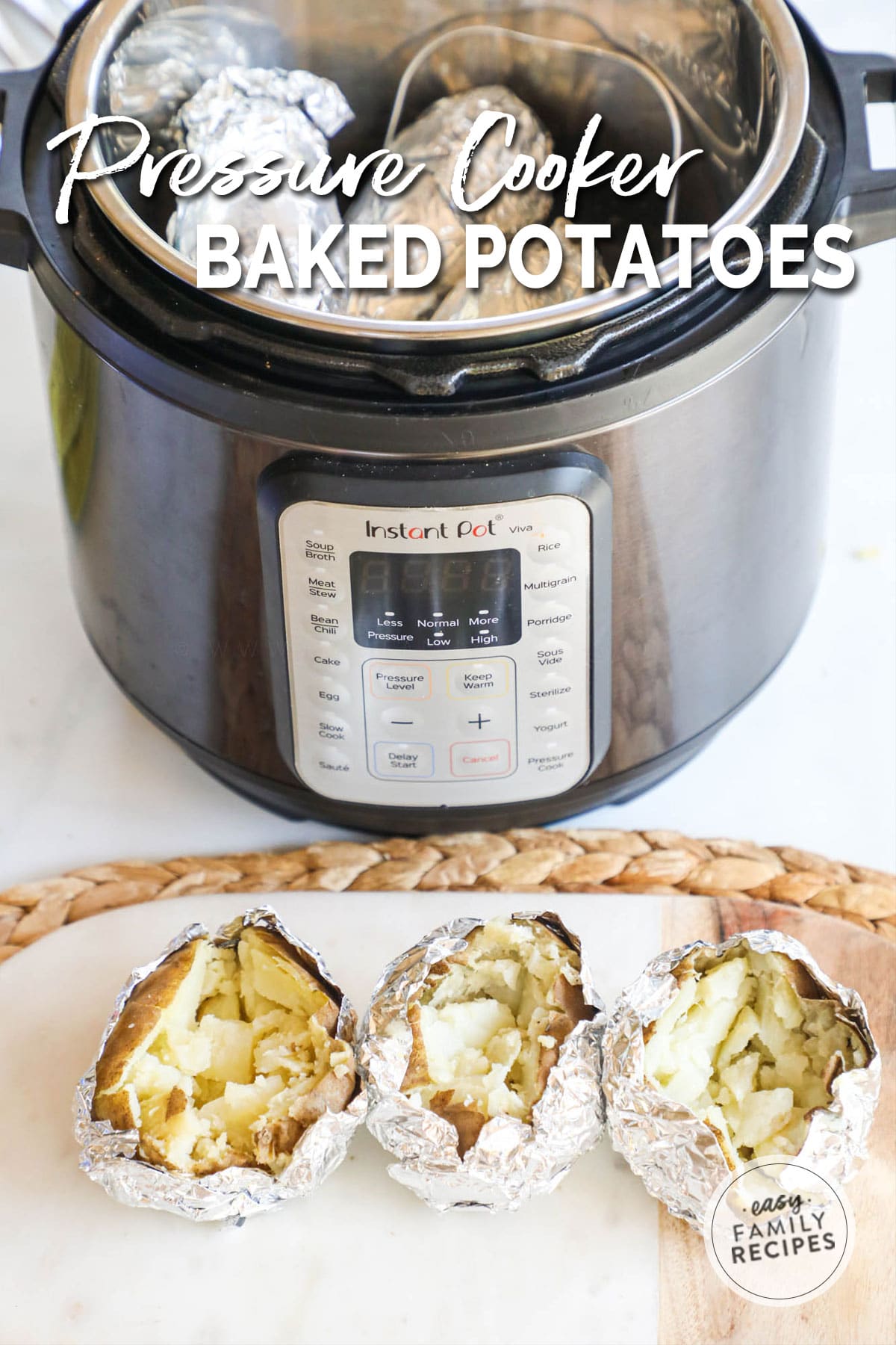 Image of 4 potatoes half wrapped in foil in front of an Instant Pot.