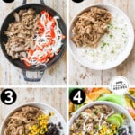 4 step by step image instructions on how to prepare and assemble the carnitas bowls.