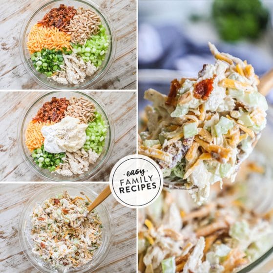 Step by step photos to make chicken salad. step 1 add everything to a large bowl step 2 top with sour cream and mayo step 3 mix well to coat everything step 4 enjoy!