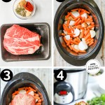 Photo collage for how to make pot roast with potatoes and carrots