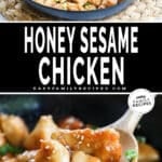 Honey Sesame Chicken prepared in pan and then close up of scooping it out of the pan.