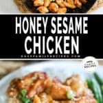 Honey Sesame Chicken recipe prepared in skillet and then served on a plate with rice.