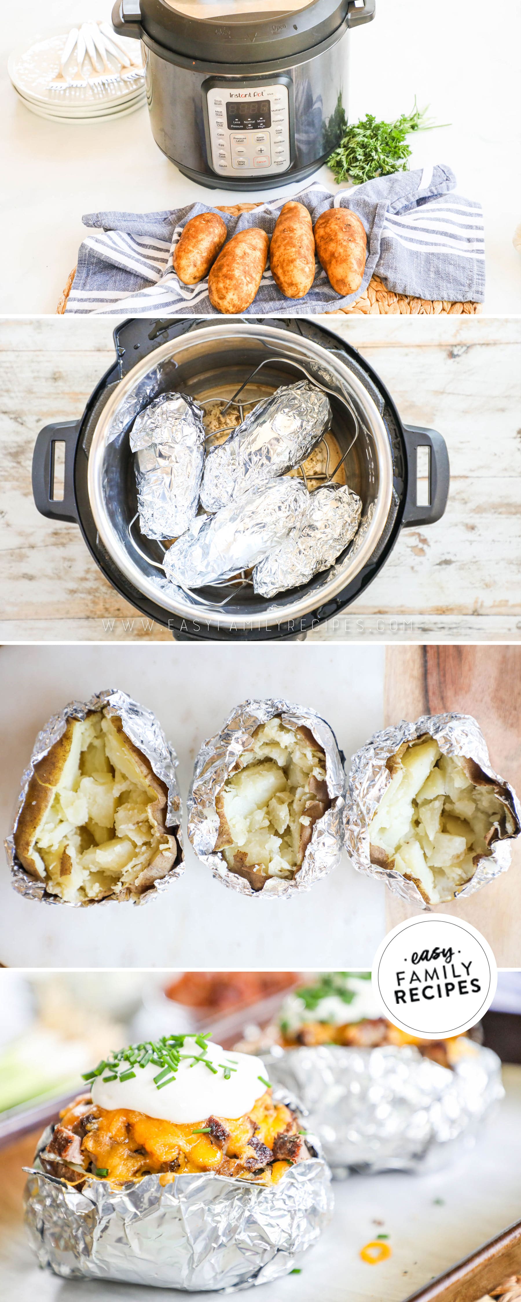 Steps to make baked potatoes step 1 wrap each in foil step 2 lay on a trivet in the instant pot step 3 unwrap potatoes step 4 top with everything you love!